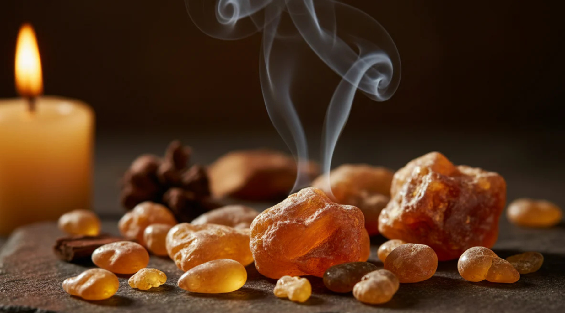 Close-up of natural myrrh resin pieces, showcasing the rich amber and brown tones of the aromatic resin used as a warm, balsamic fragrance ingredient in fine perfumery.